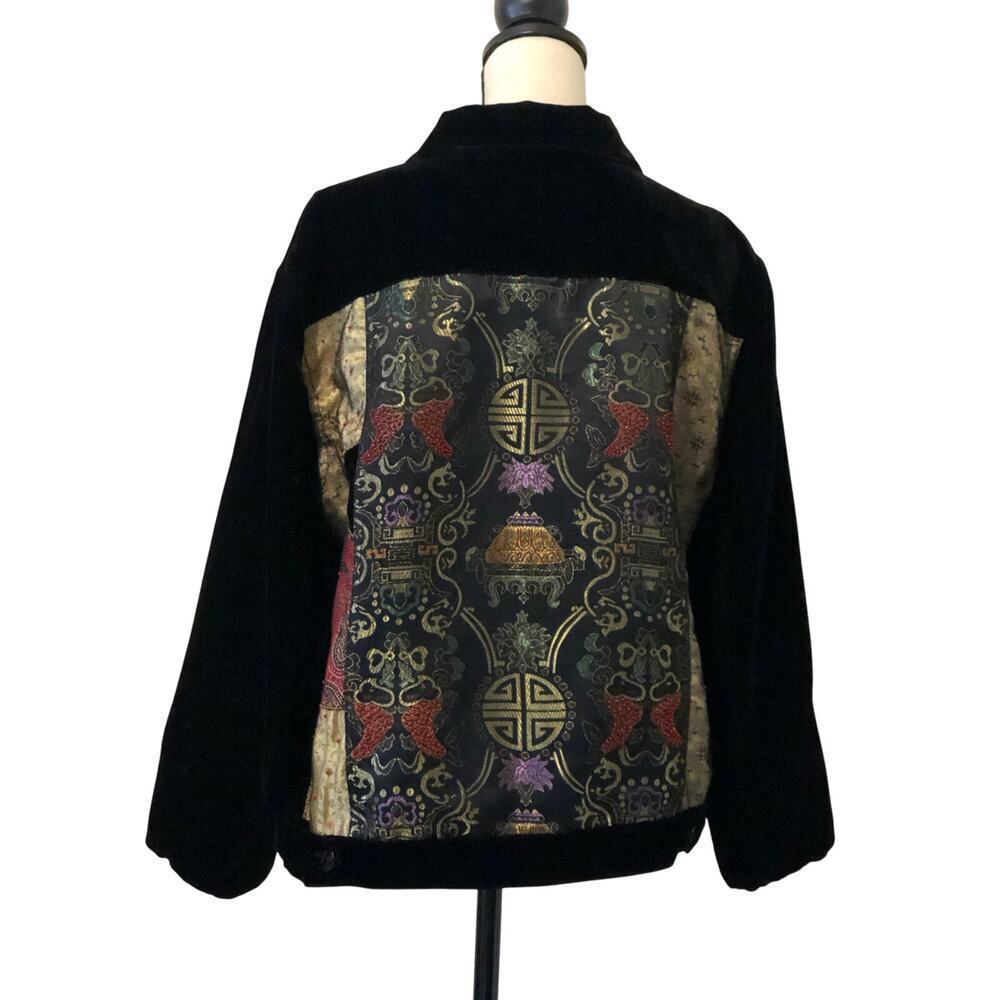 Vintage Asian Design Black Velvet Jacket Size M/L Button Front Chicos SZ 2 FLAW
